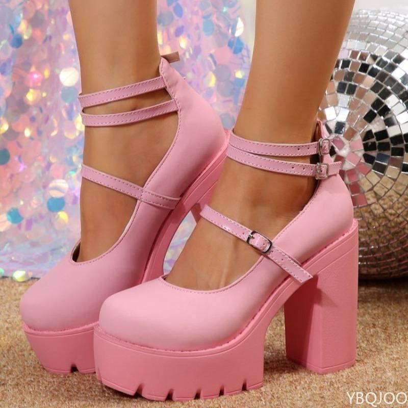 Spring New Fashionable Versatile Coarse Heel Women's Shoes Solid Color Buckle Round Head High Heels Elegant Simple Women's Shoes