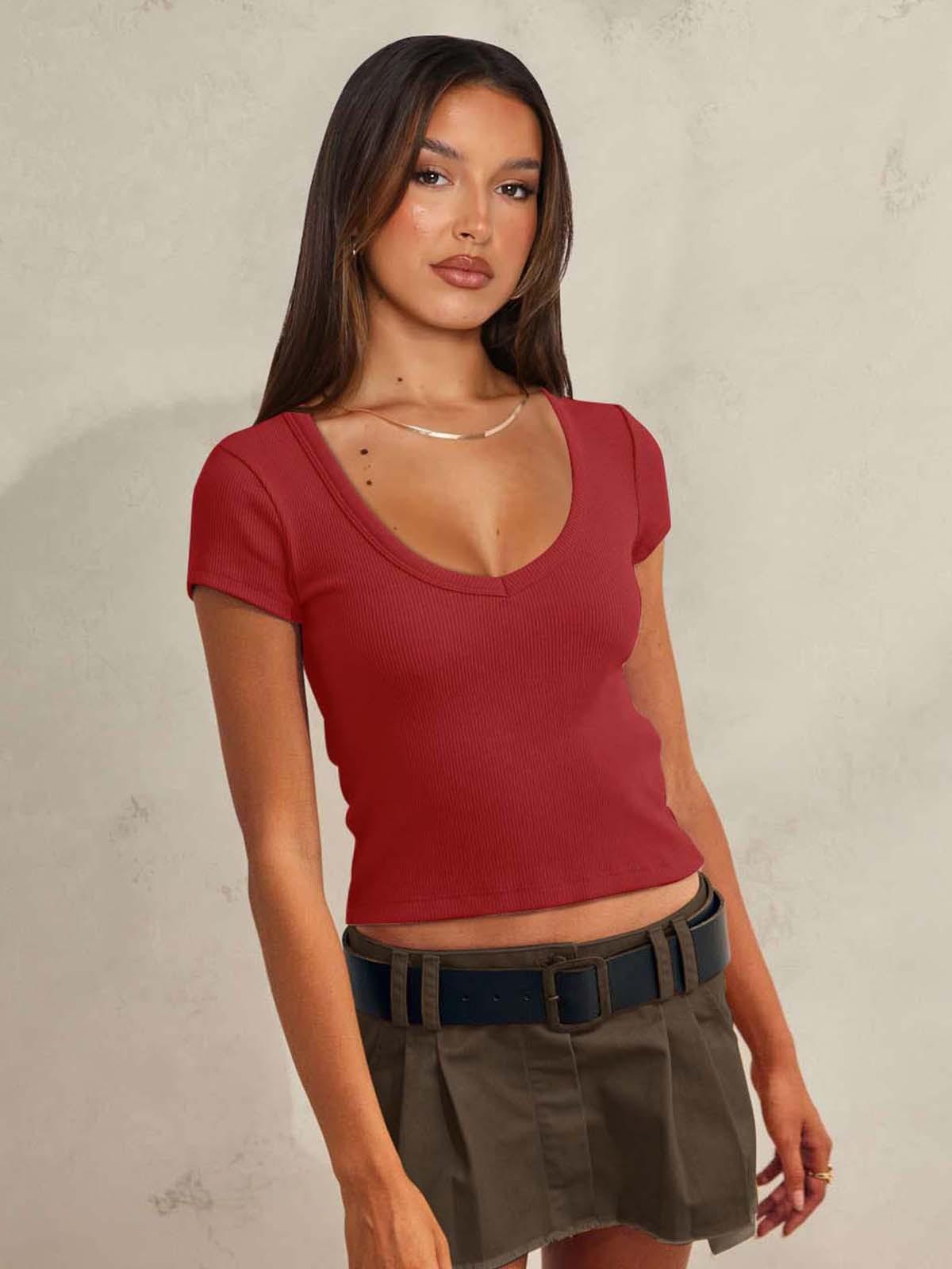 

New V-neck ribbed solid color open-button short-sleeved T-shirt summer short top slim-fit women s knitted sweater S красный