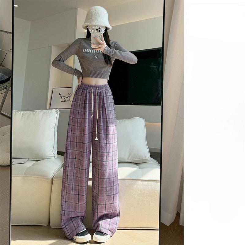 

Серые шерстяные клетчатые брюки в стиле ретро для женщин, осенне-зимние, новые тонкие контрастные прямые брюки-ленивцы XL