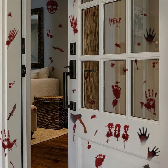 Atmospheric Haunted House Accents Halloween Horror Stickers, with Spooky Handprints Footprints Printed, Creepy Text Decals Self-adhesive Decals,
