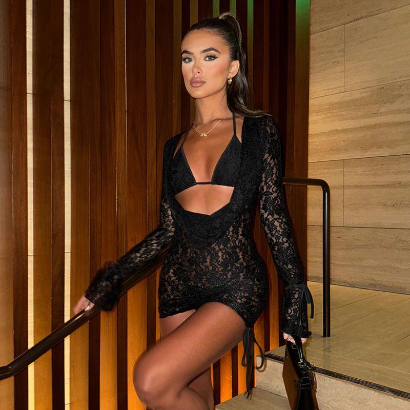 Fashion Women's New Pure Color Casual Lace Up Lace Long Sleeves Top Skirt Backless See-through Deep V Strap Suit
