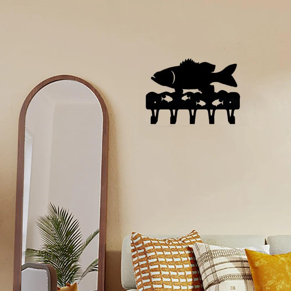 1 Stück Bassfisch Schlüsselbrett Hänger, Eisen Wandaufkleber Wandmontierter Schlüsselhalter, Garderobe, Kunstwerk für Heimdeko und Organisation