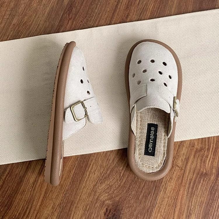 Boken Shoes Women's Summer Wear a Pedal Hole Shoes Bag Head Half Drag 2025 New Cotton and Linen Sandals Flat Lazy Shoes