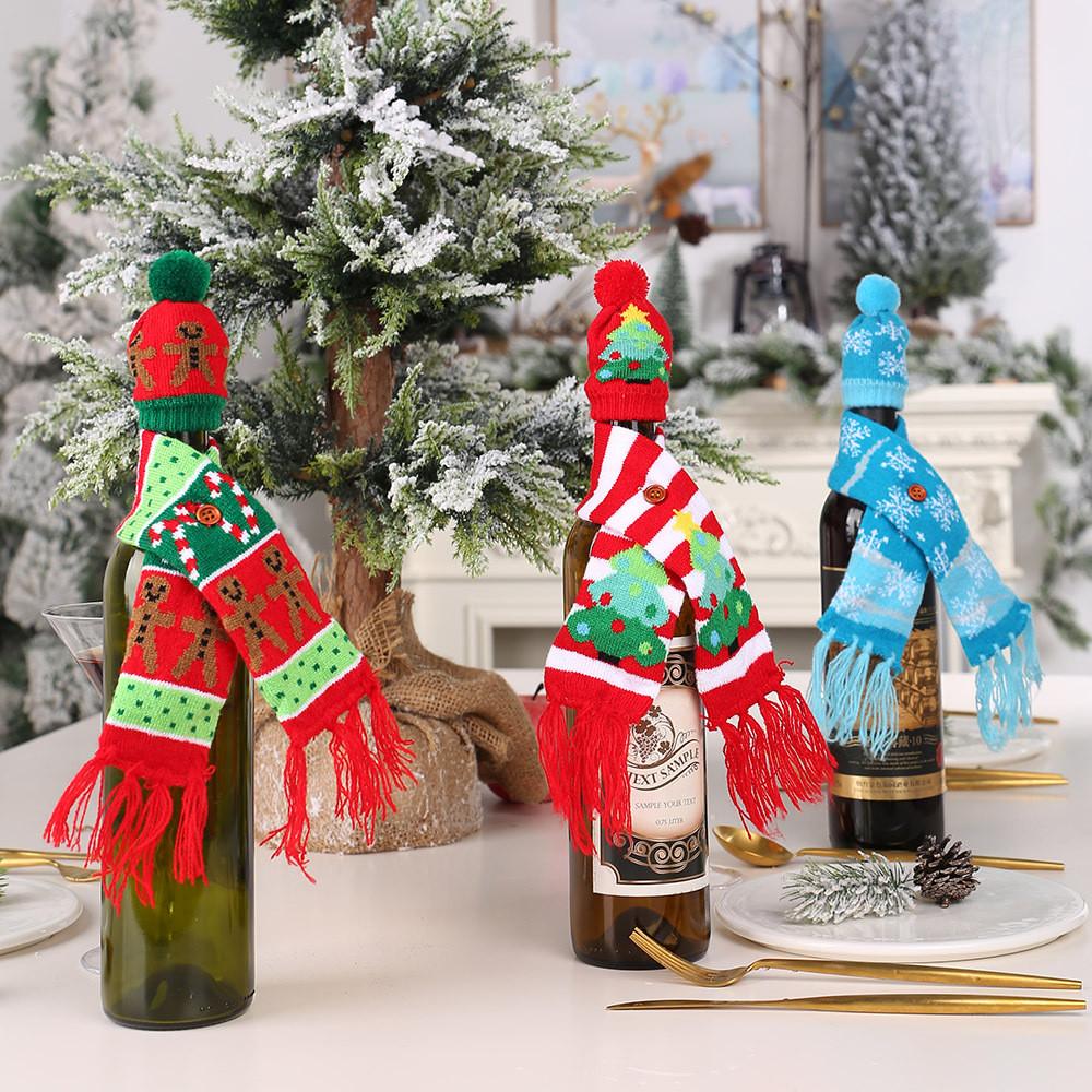 Creative Christmas Wine Bottle Cover Knitted Scarf Style With Festive Designs