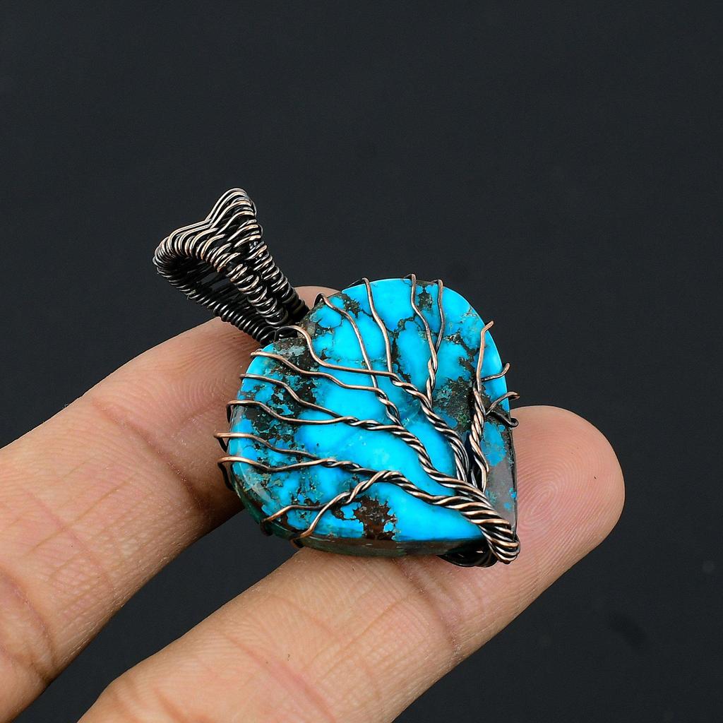 Tree Of Life Tibetan Turquoise Pendant, 999 Copper Wire Wrapped Gemstone Jewelry, Handmade Pendant, For Thanksgiving