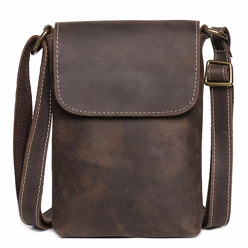 Men'S Genuine Leather Shoulder Small Backpack Crazy Horse Leather Simple Messenger Bag Cowhide Retro Mobile Phone Bag