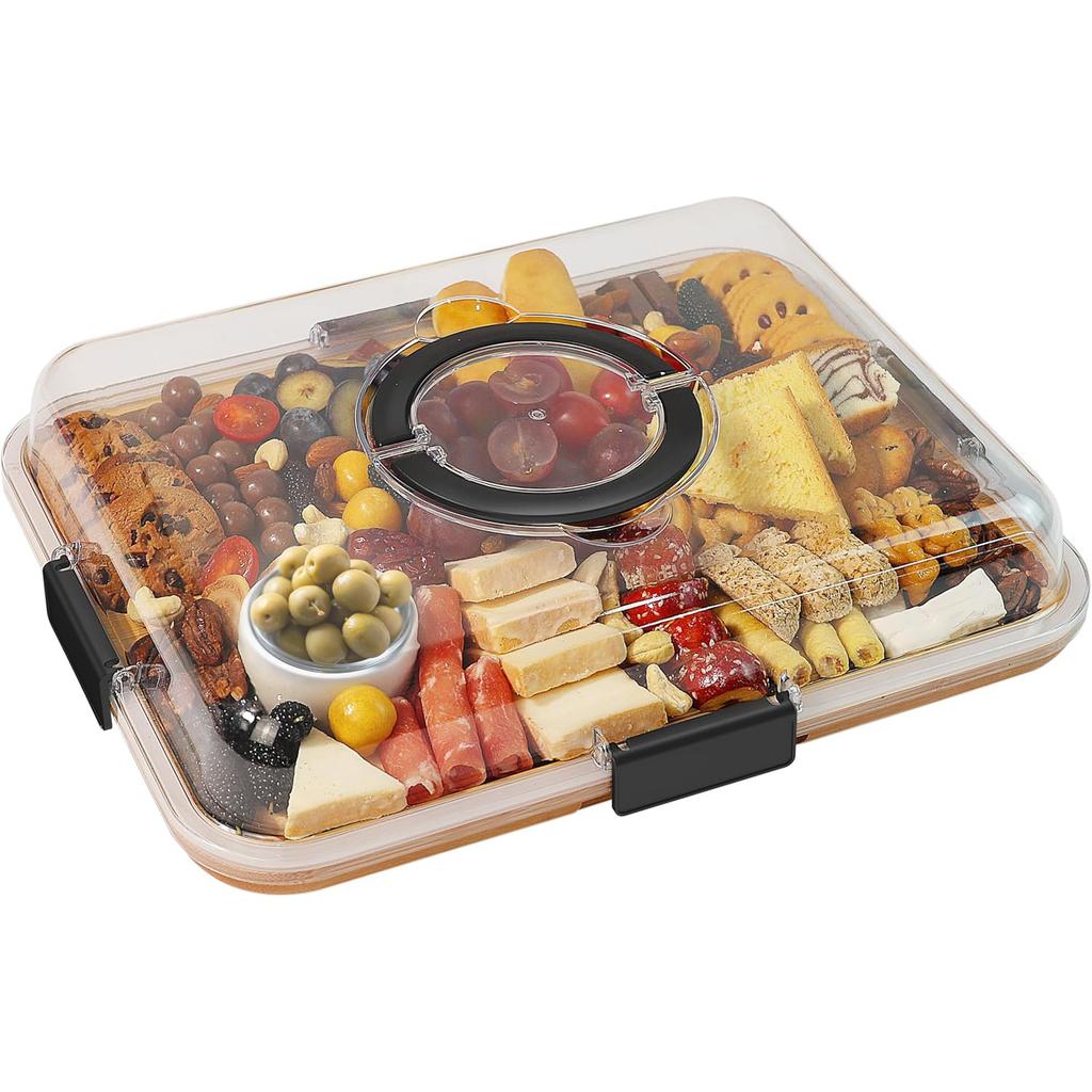 Charcuterie Board With Lid Portable Bamboo Cheese Board Snackle Fruits Divided Serving Tray for Party Picnic Locking Handles