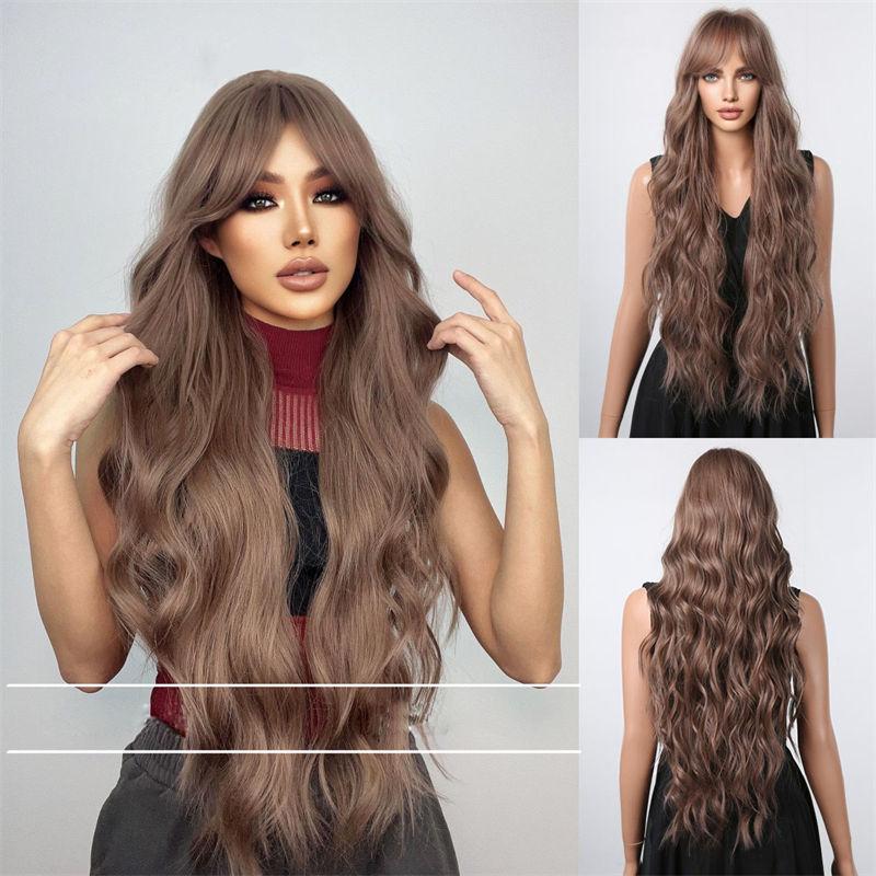 Straight Bangs Long Hair Curly Hair Gradient Brown Fluffy Natural Wig Women Water Ripple