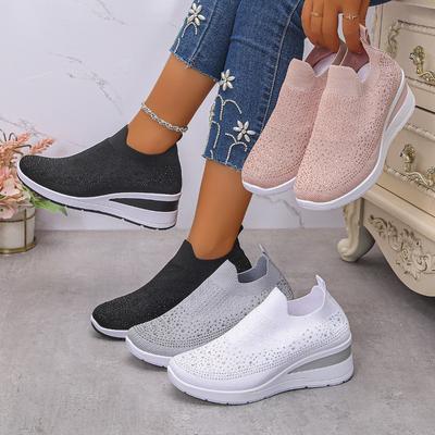 Rhinestone Decor Wedge Sneakers for Women Breathable Knitted Non Slip Running Shoes Woman Comfortable Slip On White Sports Shoes