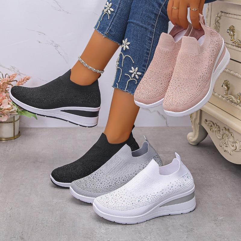 Fashion Rhinestone Decor Wedge Sneakers for Women Breathable Knitted Non Slip Running Shoes Woman Comfortable Slip On White Sports Shoes