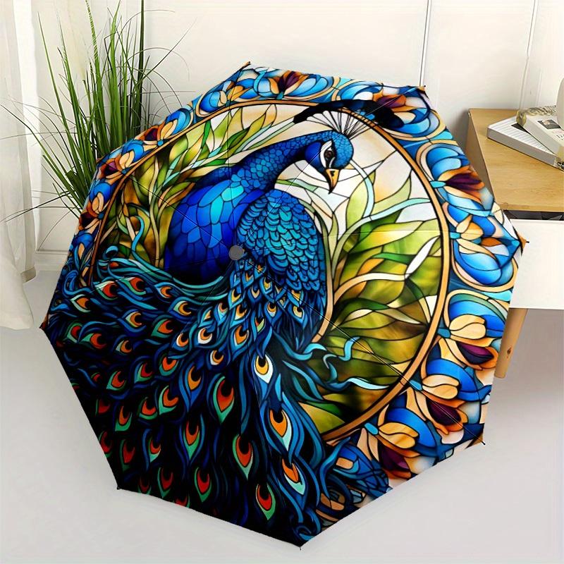 1pc Peacock StainedGlass Auto Open/close, All-Season Portable Folding Umbrella for Women & Men, Travel, Everyday, Formal Events - Compact Luxury Paras