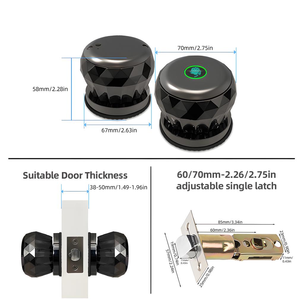 3 in 1 Smart Fingerprint Door Knob - Keyless Entry Smart with App Control + 2 Keys + Finger Print Aluminum Alloy Biometric Door Knob for Be