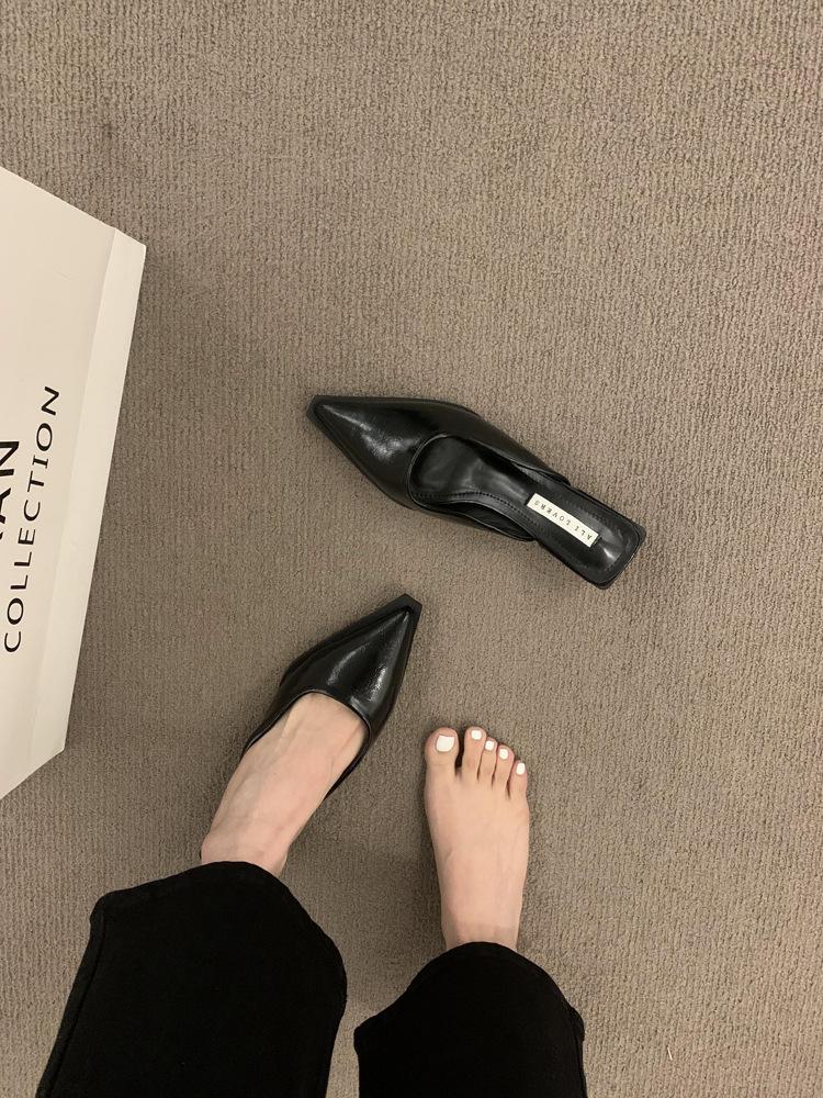 Nai Pai~ Retro bag head half slippers for women wearing lazy people with one pedal, pointed muller shoes, thick heel half support single shoes for w