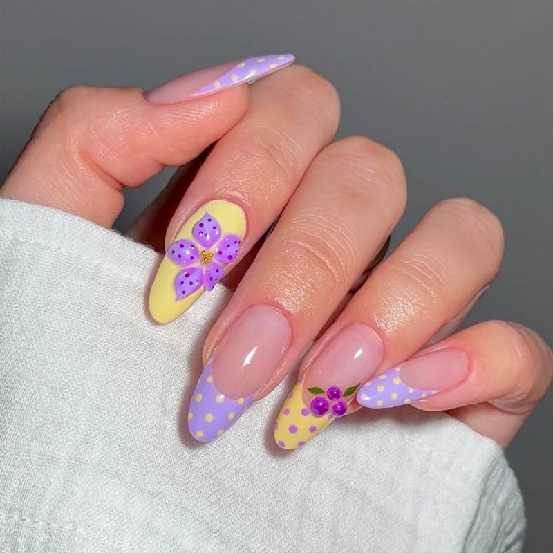 3D Gel Nail Tips With Floral Polka Dot French Almond Shape Press-On Nails Women
