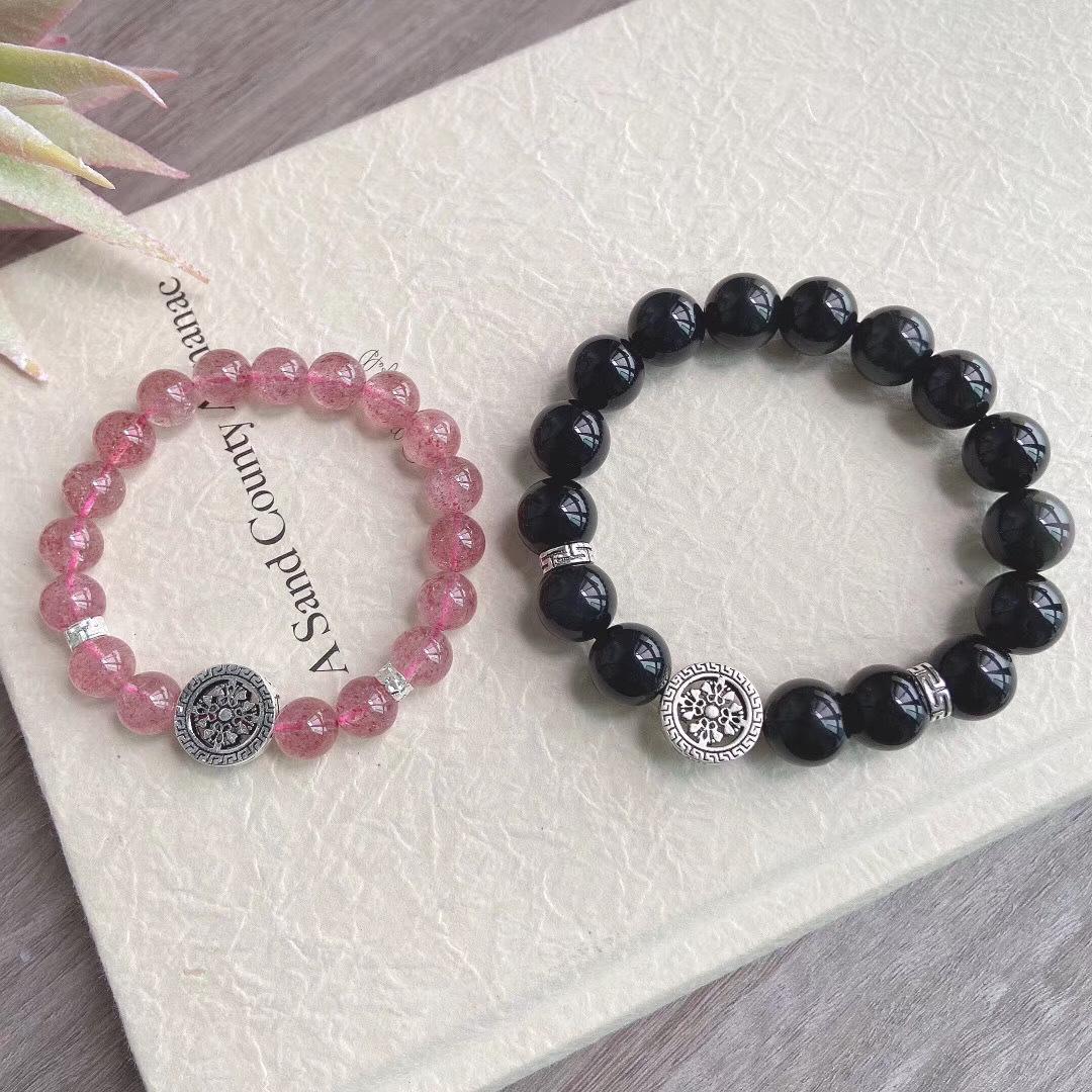 520Valentine s Day Gift Natural crystal couple s bracelet with obsidian, tiger eye stone, strawberry crystal, and golden obsidian, symbolizing the One Style