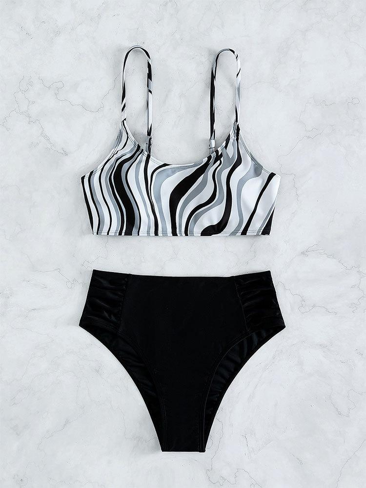 TS JYL-BK080 Black White Bandeau Bikini, High-Waist Two-Piece Swimwear For Spa S