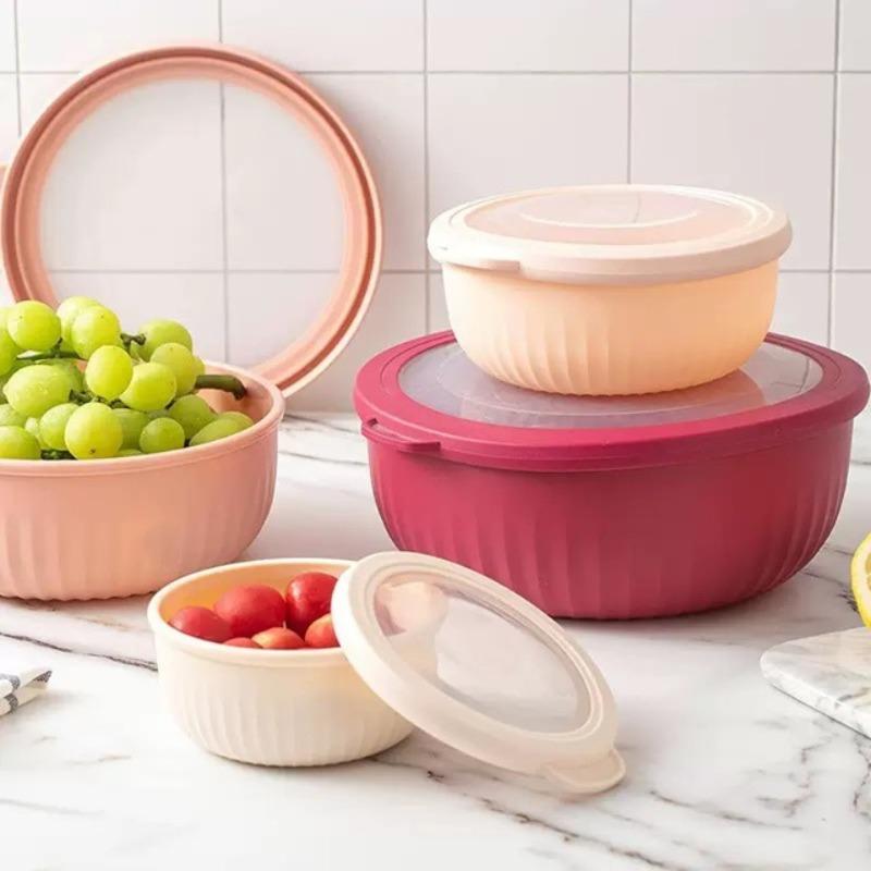 Sada 4 ks širokohrdlých mísicích misek s víčky, Nádoby na salátové dresinky potravinářské kvality, Misky na svačinu, Box na uchování čerstvosti, Bento box