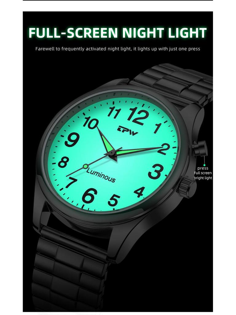 Large Dial LED Quartz Waterproof Business Watch for Elderly Men - Luminous and Stylish Timepiece