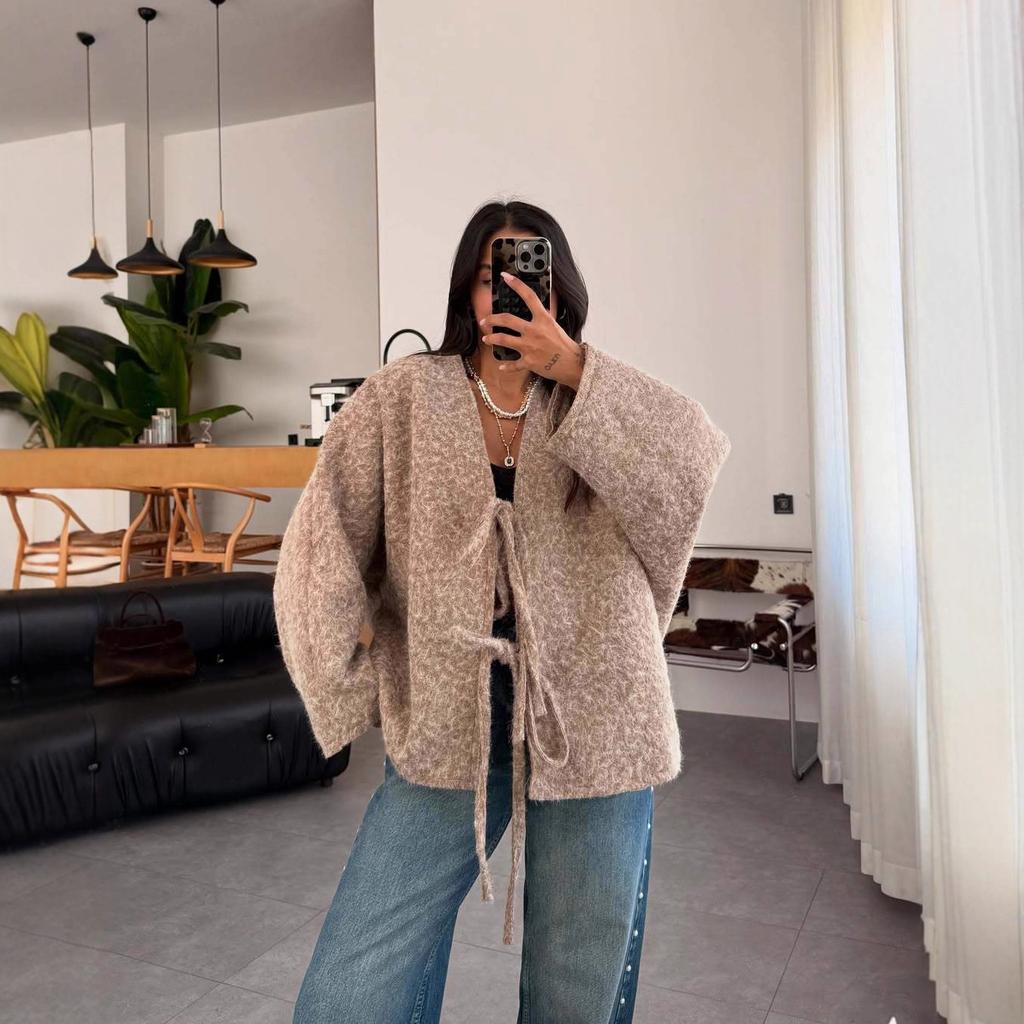 2025 cross-border European and American women's clothing Amazon cardigan long-sleeved lace-up woolen jacket casual pants fashion suit
