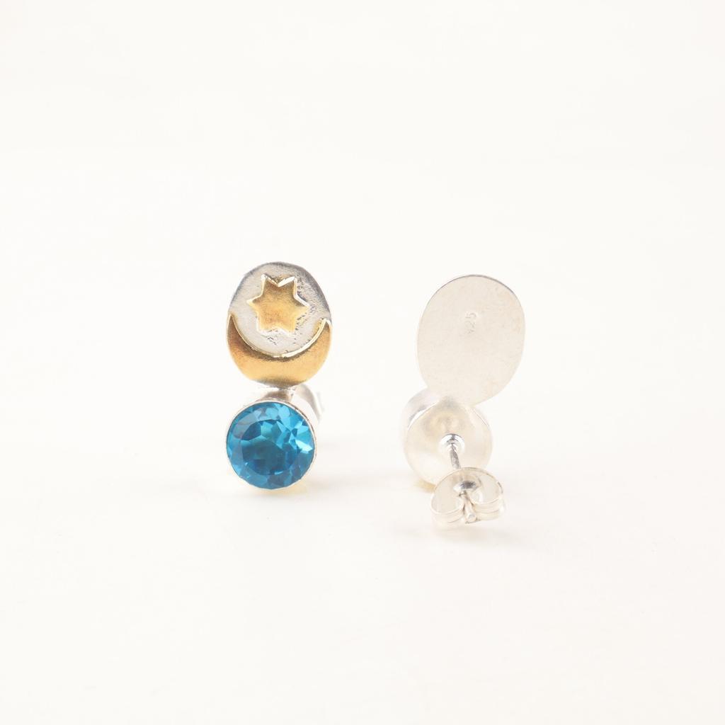 Schweizer Blautopas Edelstein 925 Sterling Silber Schmuck Stern & Mond Ohrstecker 0,8" Geschenk EE-141-14