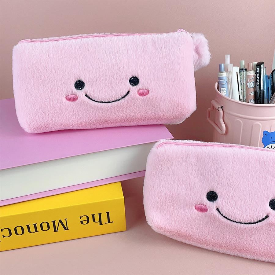 Cute Pink Smiling Pom Large Capacity Pencil Case Plush Storage Bag Students For