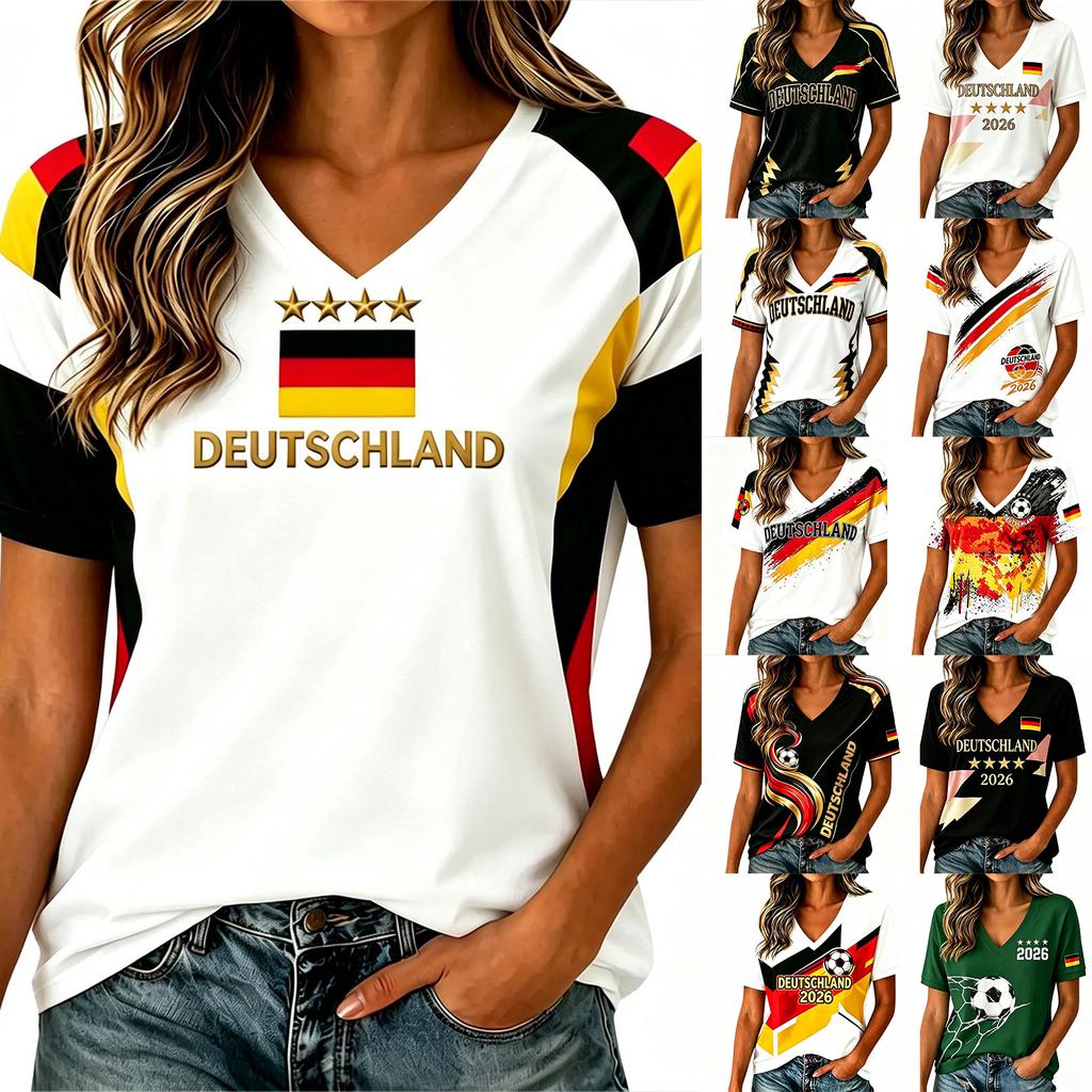 Women V Neck T Shirt Short Sleeve Casual Tee Top Germany Inspired Graphic Print Lightweight Summer Blouse