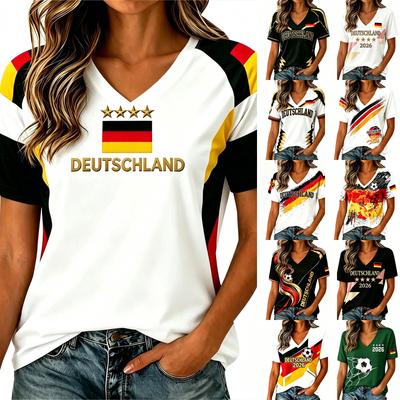 Women V Neck T Shirt Short Sleeve Casual Tee Top Germany Inspired Graphic Print Lightweight Summer Blouse
