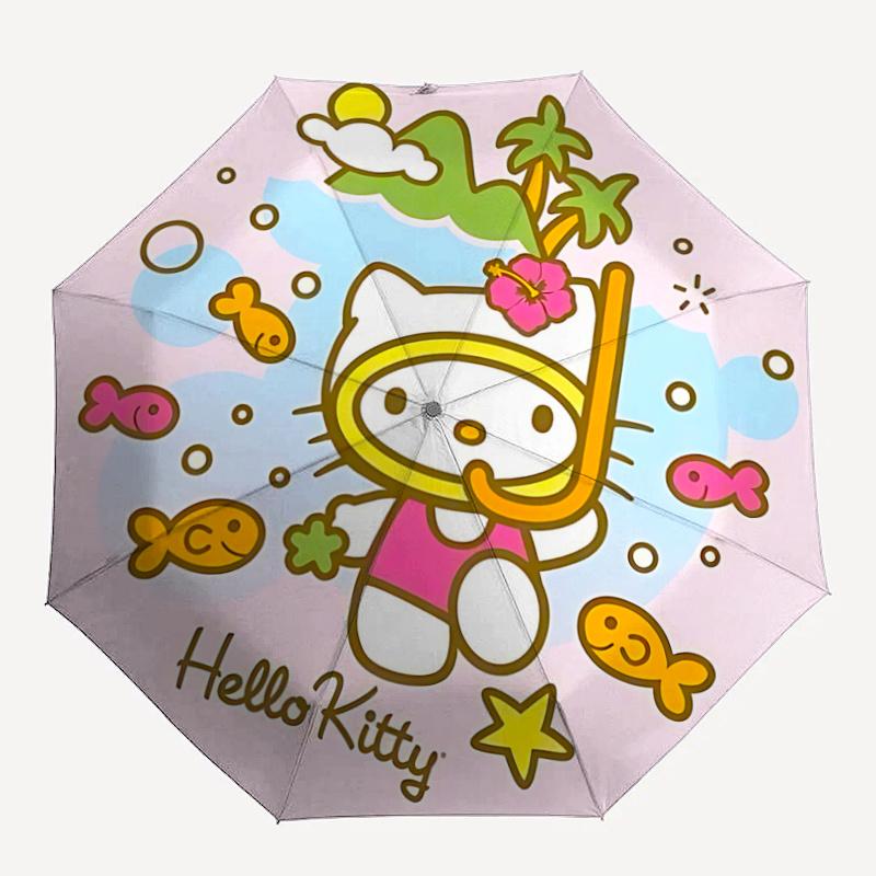 1pc Hello Kitty Snorkeling Adventure Automatic Opening/Closing Umbrella - Portable Three-Fold Design with 8-Bone Iron Frame - Outdoor, Gift for Fans,