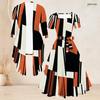 Women Plus Size Two Piece Set Abstract Printed Square Neck Short Sleeve Belted Flared Dress 3 4 Sleeve Open Front Cardigan