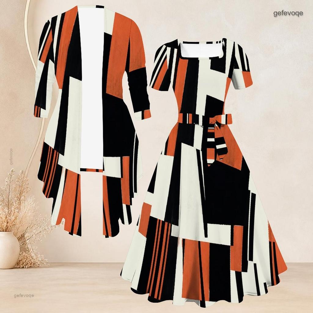 Women Plus Size Two Piece Set Abstract Printed Square Neck Short Sleeve Belted Flared Dress 3 4 Sleeve Open Front Cardigan