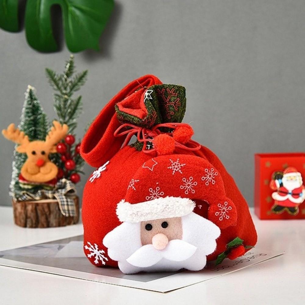 Flannel Santa Gift Bag Drawstring Closure Candy Gift Bag  Christmas Decoration