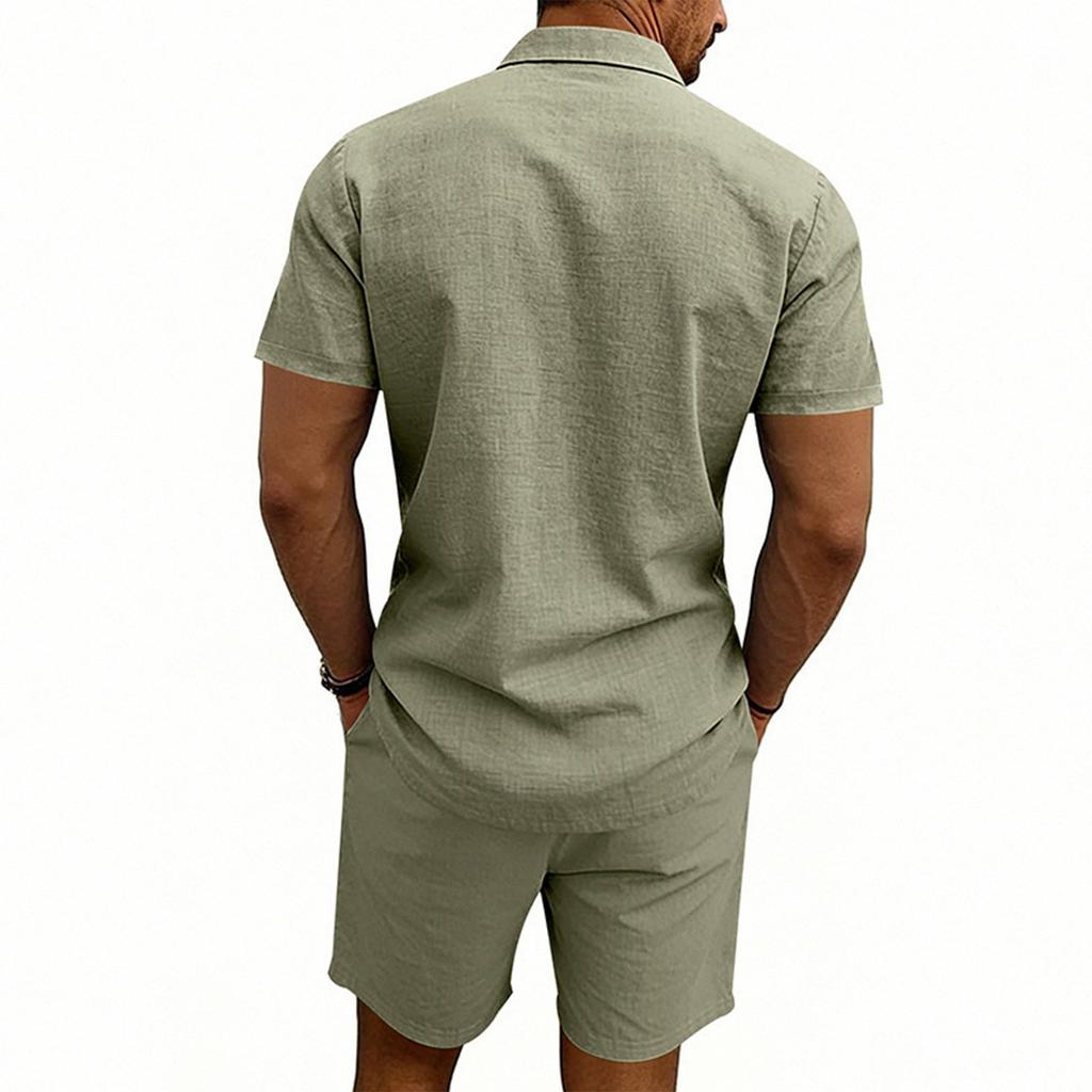 Men's Linen Short Sleeve Shirt and Shorts Set Casual Button Down Collar Top and Elastic Waist Drawstring Shorts for Summer Wear