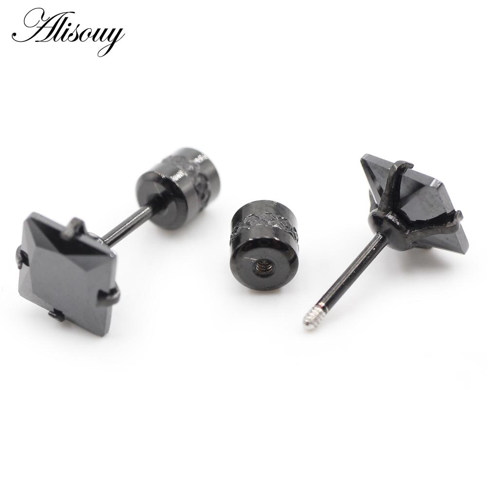 Alisouy 2 bucăți din oțel inoxidabil 4 dinte pătrat zircon CZ femei bărbați fată ureche stud cartilaj șurub cercei piercing bijuterii