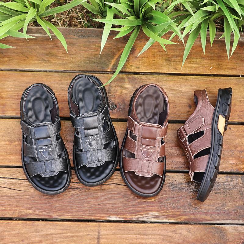 2024 summer new sandals men's cowhide casual beach shoes men wear cool slippers outside the car