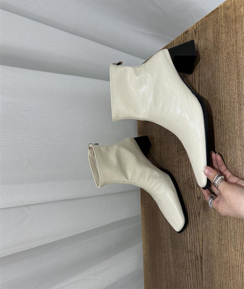 

Boots female 2025 new Korean version ultra-fire thick-soled white square head thick-heeled short boots autumn and winter French high-heeled thin boots 39 абрикосовый