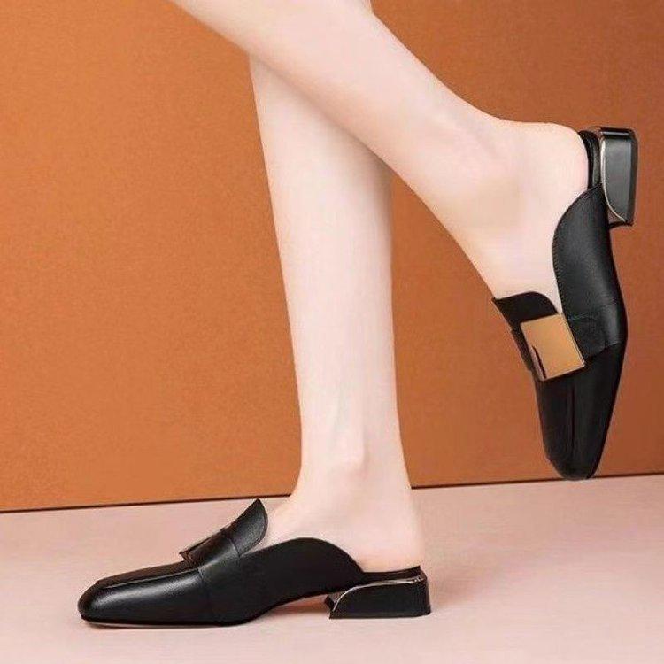 Women's French Retro Square Toe Mid Heel Mules - British Style Closed Toe Summer Loafers
