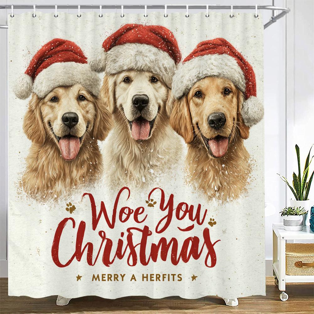 Merry Christmas Shower Curtain Christmas cat and dog Santa Claus Shower Curtains Xmas Printed fabric Decor Bathroom Curtain