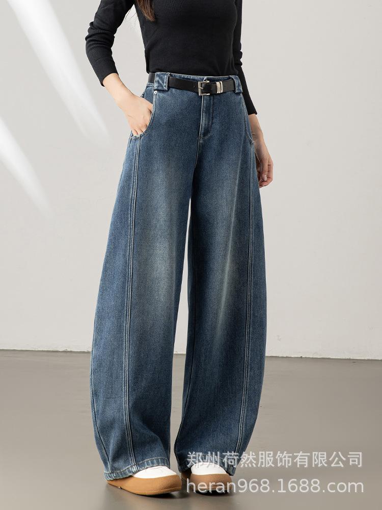 Women s High-Waisted Wide-Leg Cropped Velvet-Lined Denim Pants - Winter Thickened Slim Casual Style 28