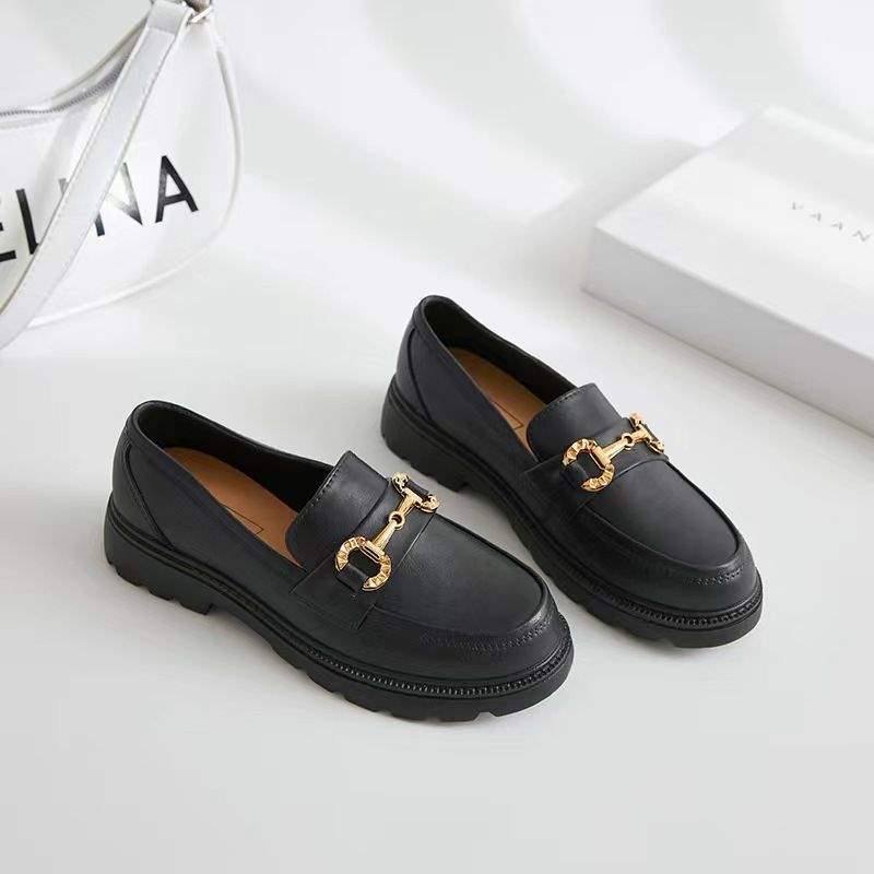 British Style Retro Small Gold Buckle Round Head Spring and Autumn Thick Sole One Pedal PVC Loafers Women's Shoes