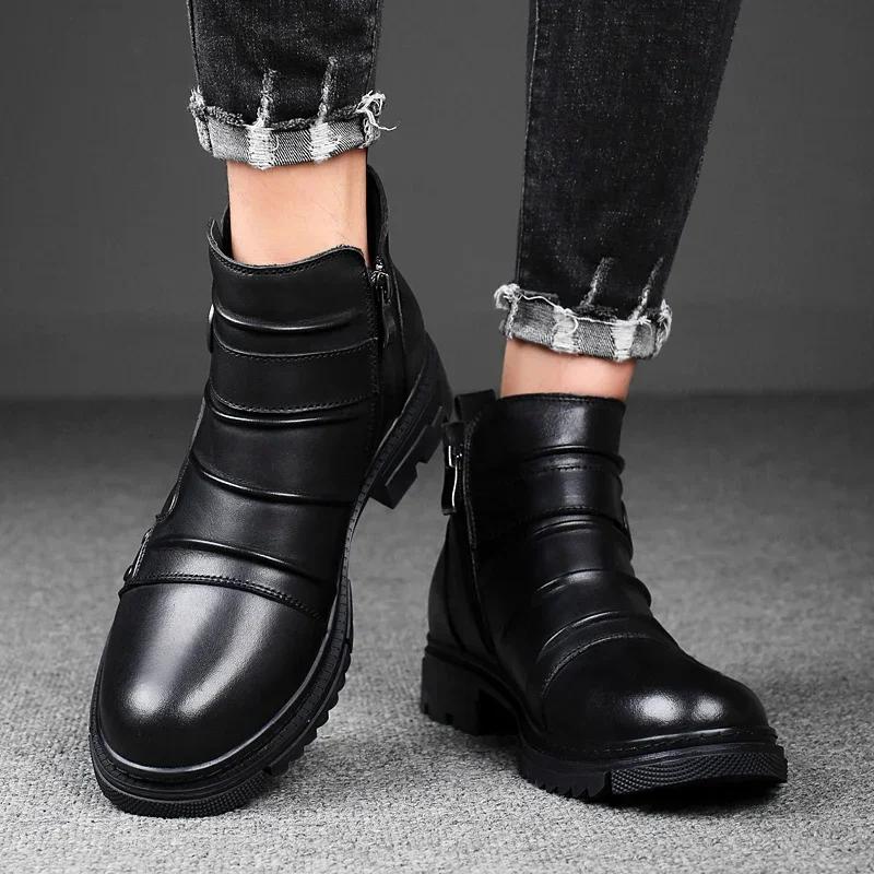 Italská vysoká kvalita Módní pánské boty z pravé kůže Módní ležérní ploché designové outdoorové polokozačky Chelsea s kulatou špičkou pro muže