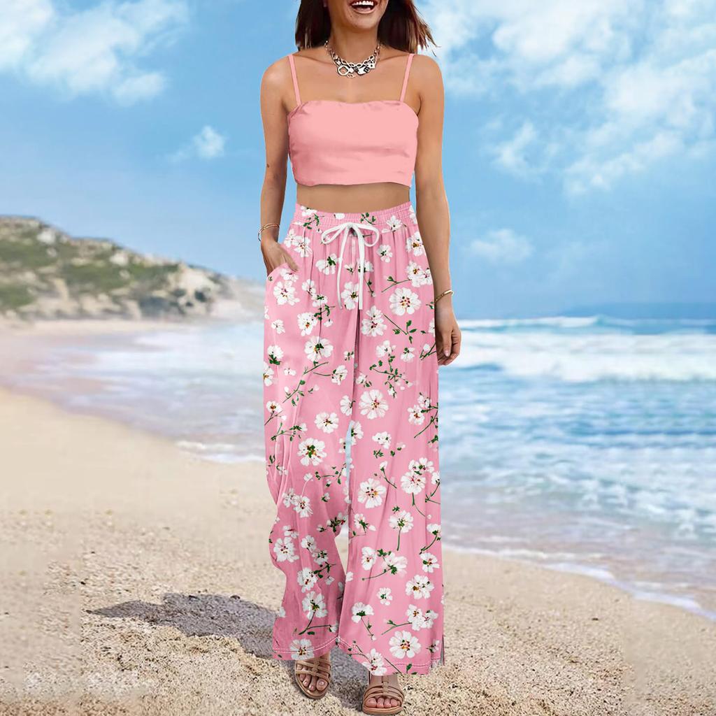 Dámské letní kalhoty Boho Palazzo s vysokým pasem a širokými nohavicemi s květinovým potiskem ležérní kalhoty s kapsami