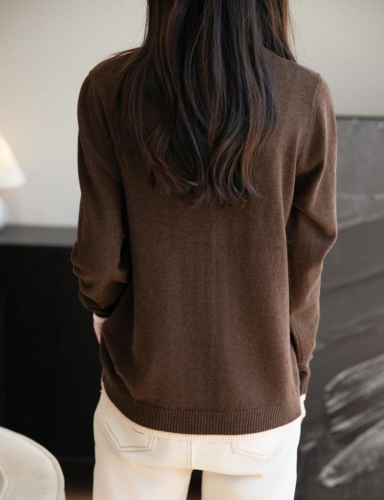 2025 A/W Women's Color Block Knit Cardigan - Fake Two-Piece, Round Neck, Long Sleeve, Loose Fit Sweater Coat