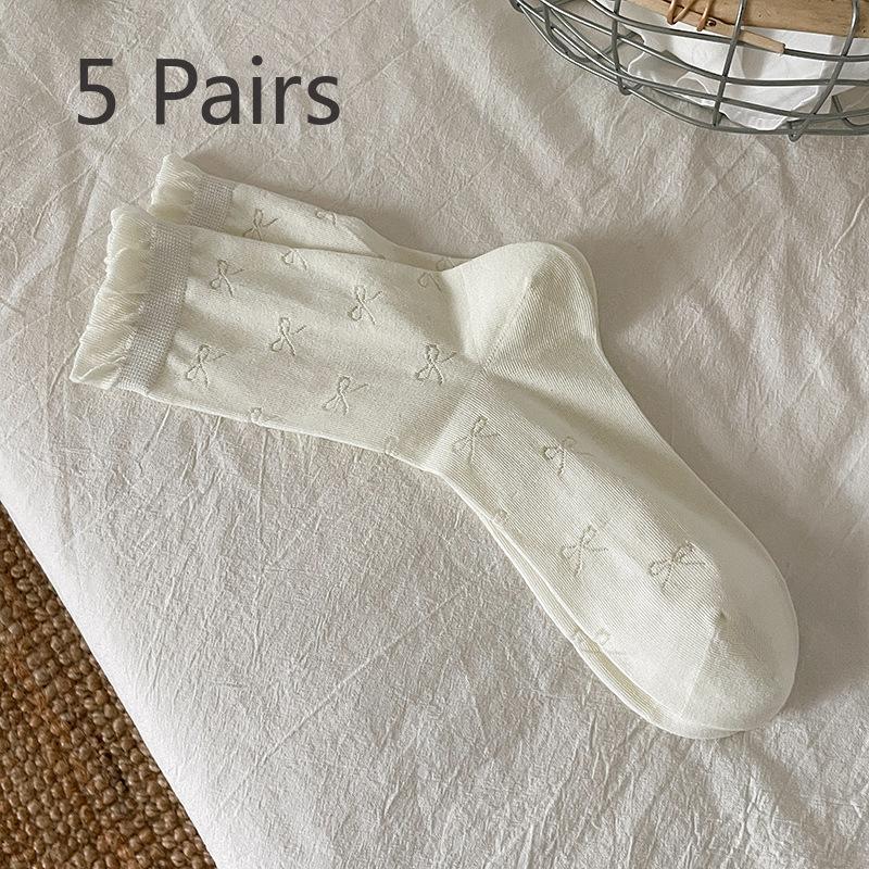 

5 пар женских тонких носков из чистого хлопка с ажурным бантом и ворсом без косточек на весну и лето 5 Pairs молочный белый