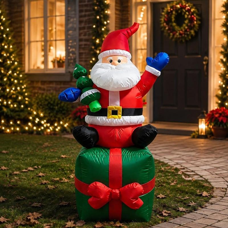 Lighted Christmas Inflatable Santa Holding Presents On a Colorful Gift, Electric Holiday Decoration for Shop Displays, Entryways, and Party Venues