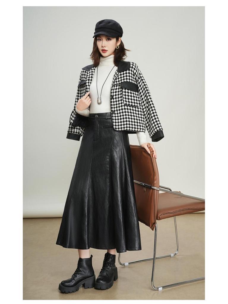 Women's Genuine Leather High Waist A-Line Midi Skirt - Autumn/Winter 2025 Fashion