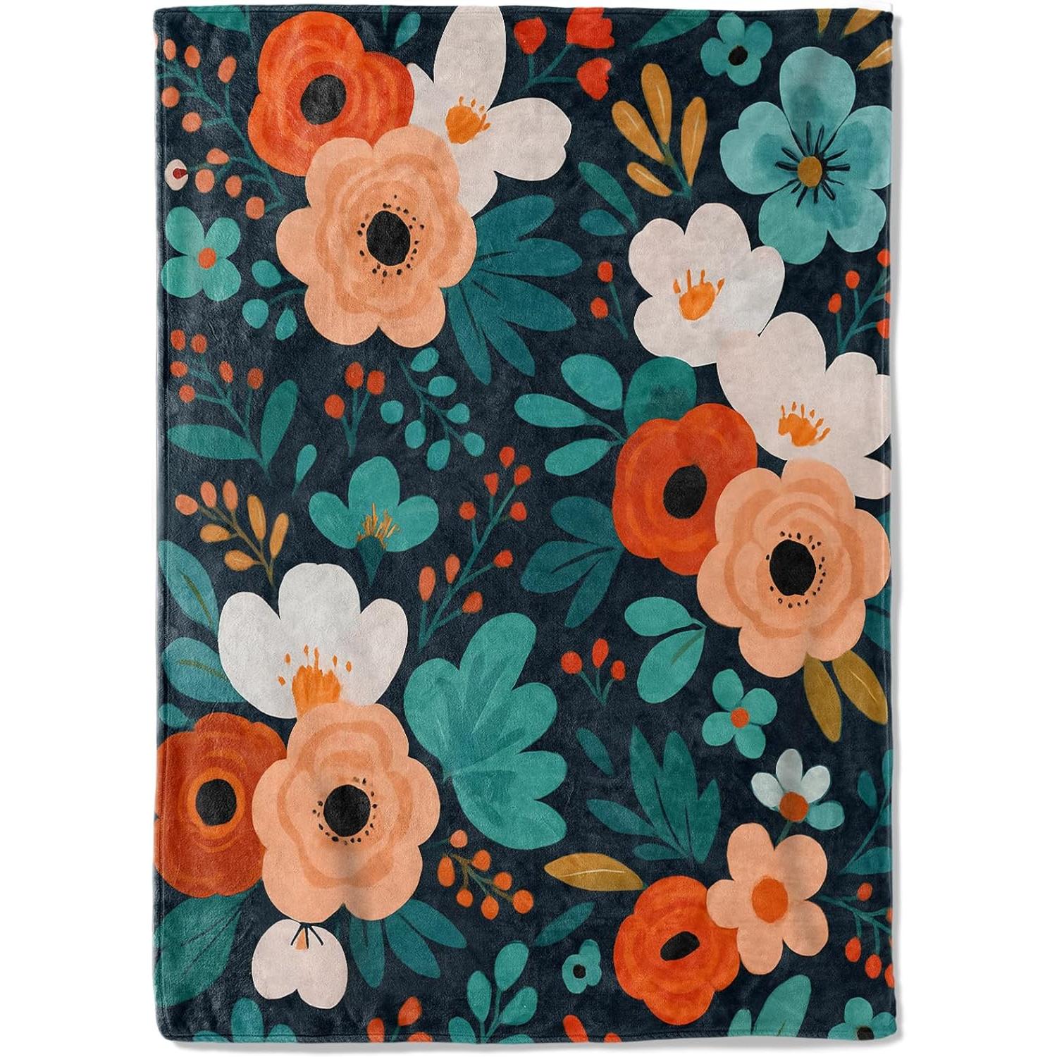 

Bold Floral Fleece Blanket,Colorful Orange White Blue Flower Blossom Dark Throw Blankets,Soft Cozy Lightweight, Ideal fo 75x90cm