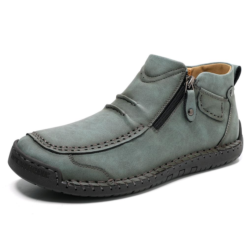 Men's Plus Size Zipper Martin Ankle Boots - Outdoor Casual Flat Sole Hand-Stitched Short Boots