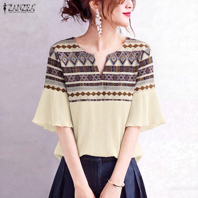 ZANZEA Women Casual V-Neck Half Sleeve Loose Ethnic Print Blouse