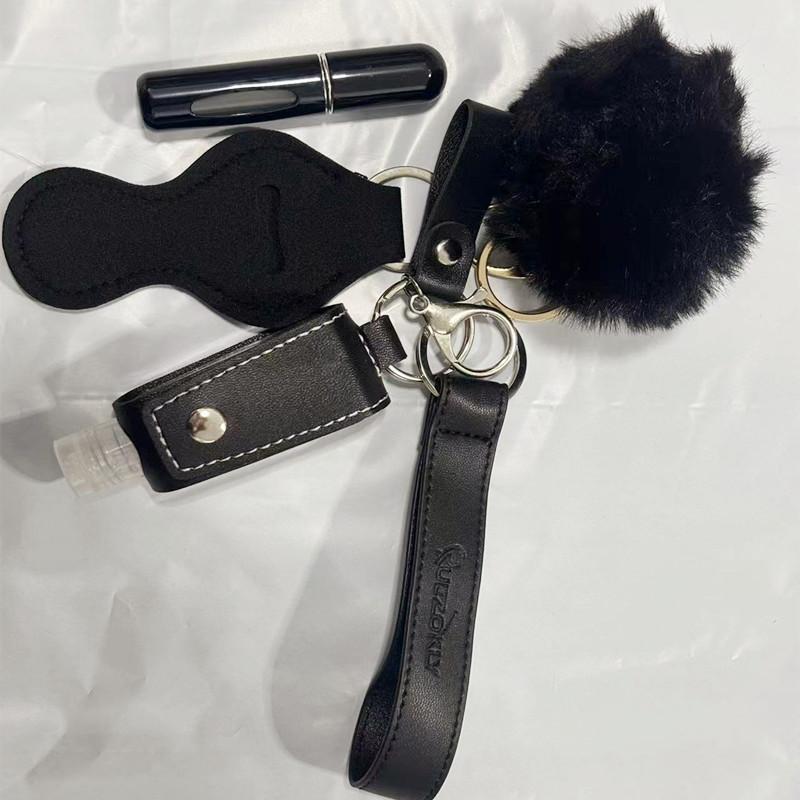 Chapstick Holder Keychain Set 30ml Hand Sanitizer Bottle PU Wristband Keychain for Women 5ml Empty Perfume Bottle Pompom