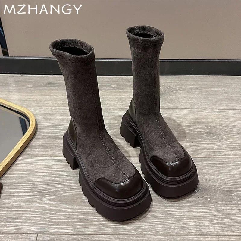 Damen Schnee Plateau Stiefel Wildleder Flats Mid Calf Schuhe 2024 Trend Leder Goth Stiefel Neue Damen Pumps Mode Winter Dame Reißverschluss Schuhe